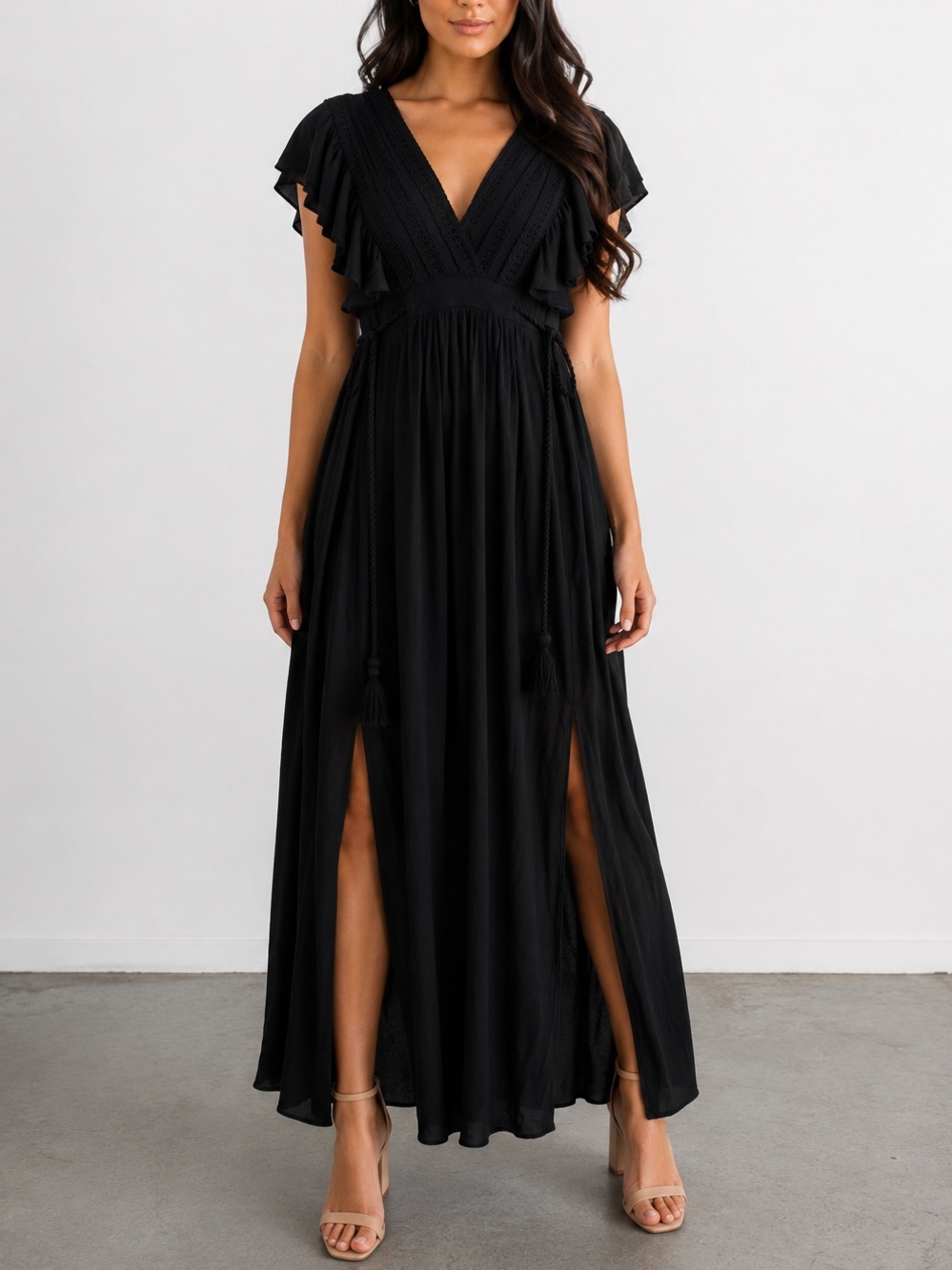 Baltic Born Jennifer Black Boho Maxi Dress Flutter Sleeve Tassel Tie S